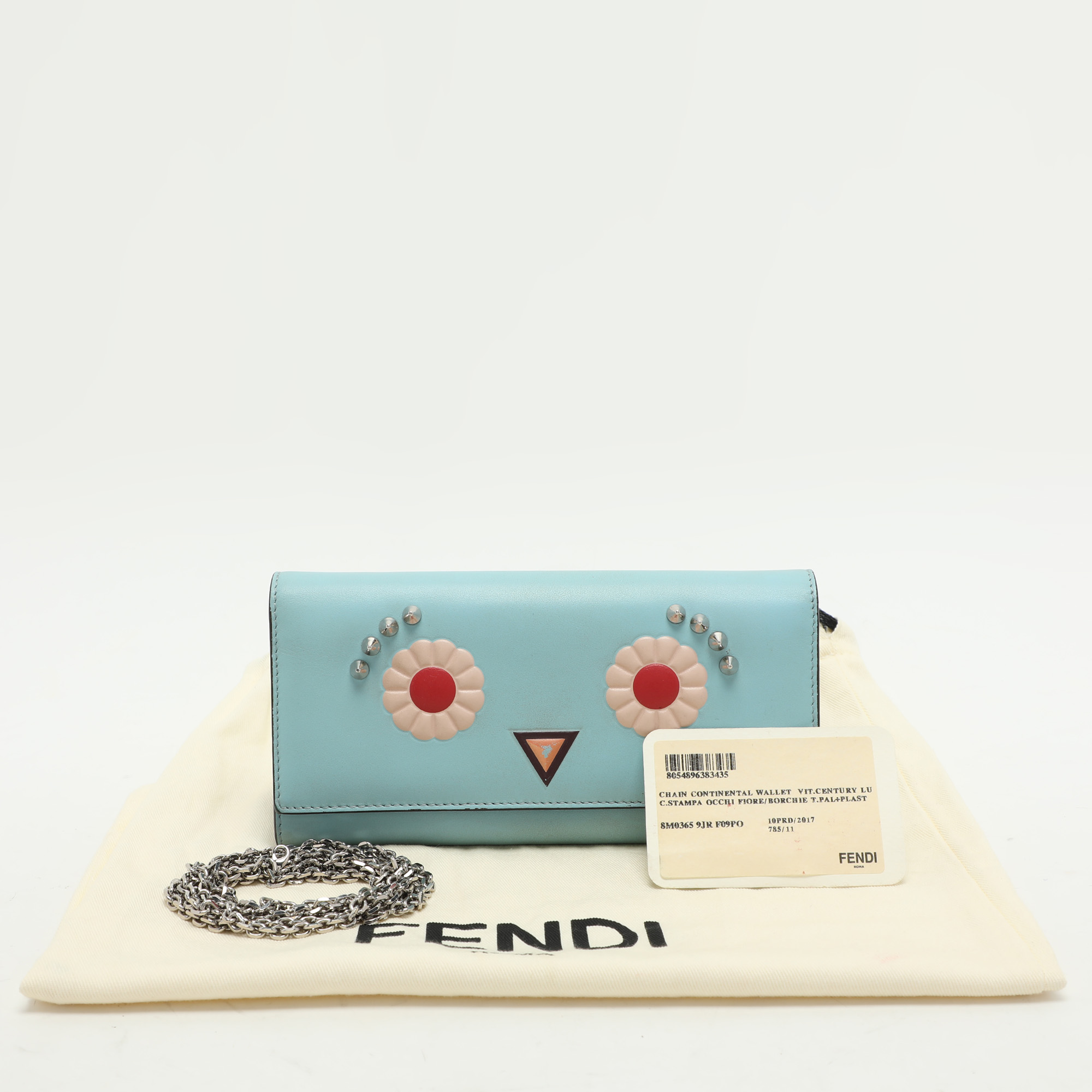 Fendi Blue Leather Embellished Wallet On Chain