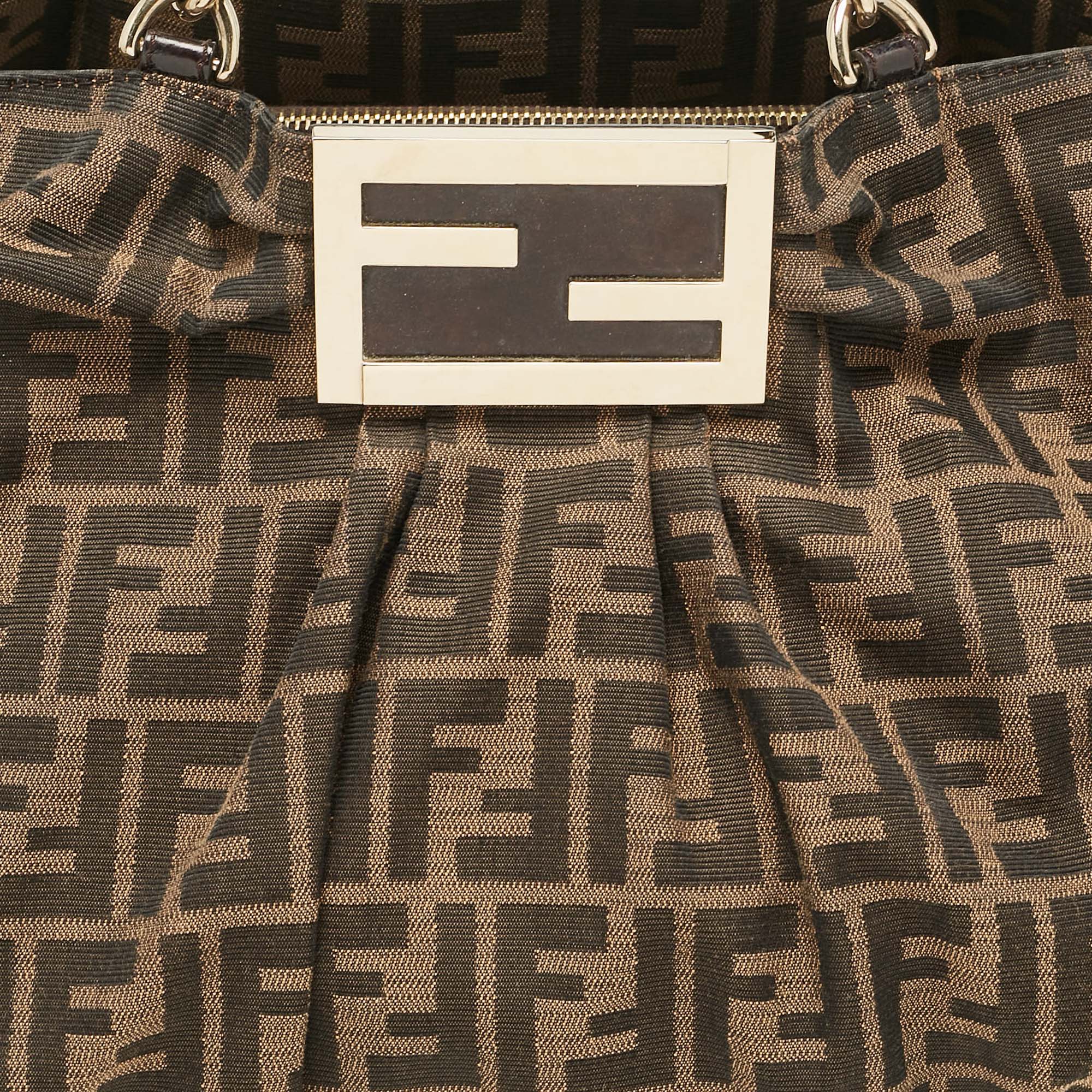 Fendi Tobacco Zucca Canvas And Patent Leather Large Mia Shoulder Bag