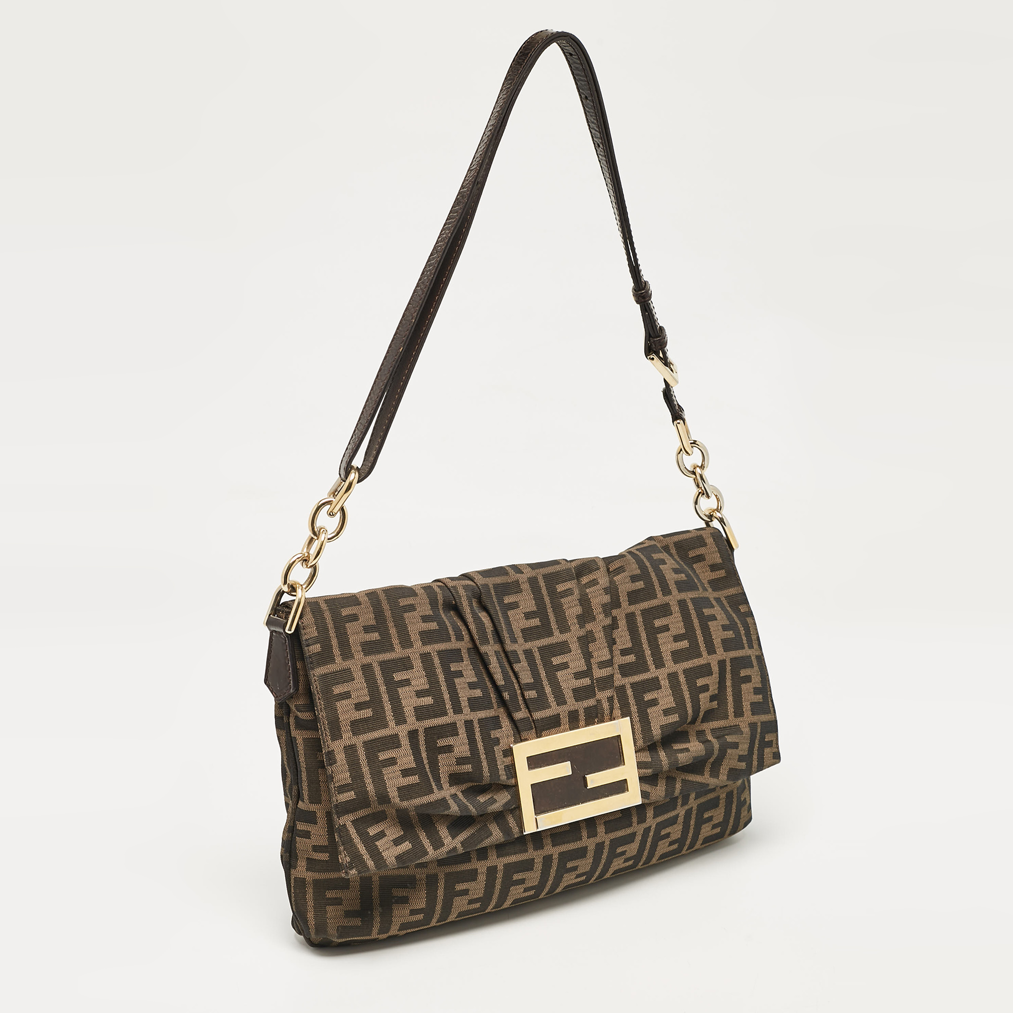 Fendi Tobacco Zucca Canvas And Patent Leather Mia Flap Shoulder Bag