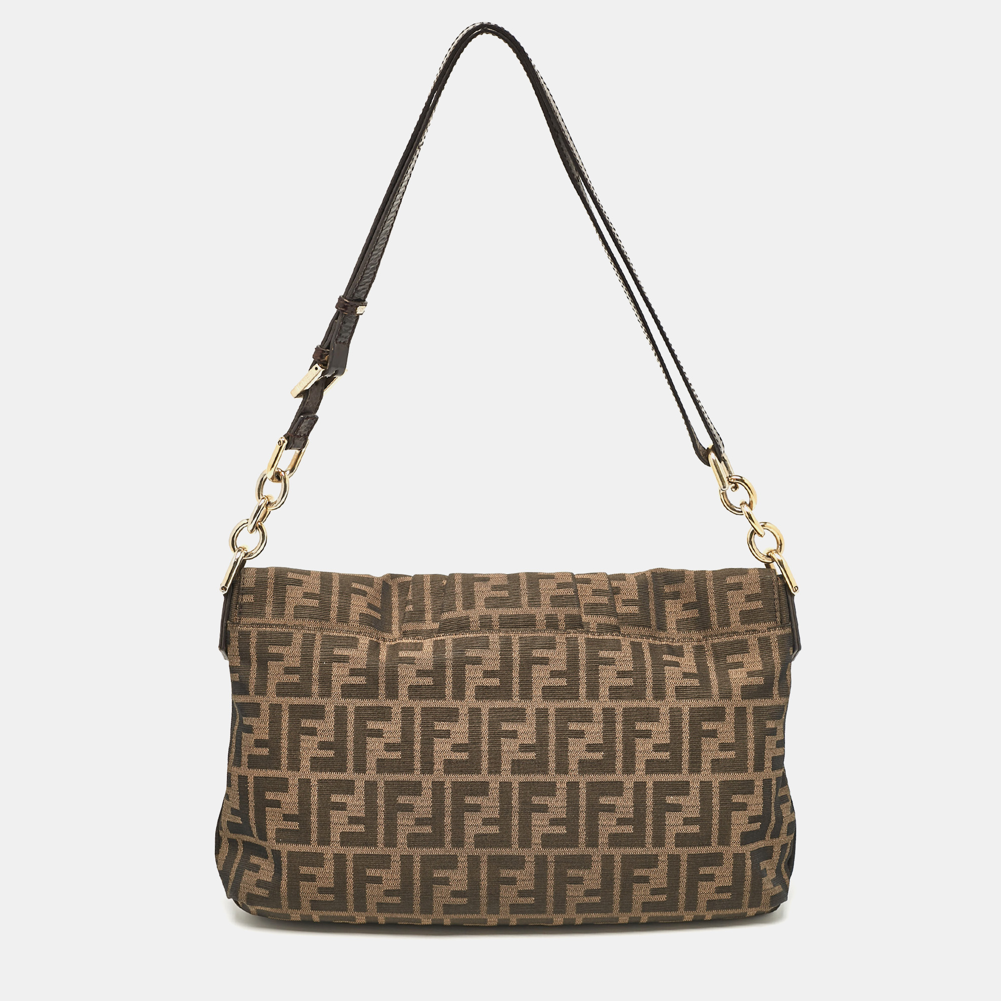 Fendi Tobacco Zucca Canvas And Patent Leather Mia Flap Shoulder Bag