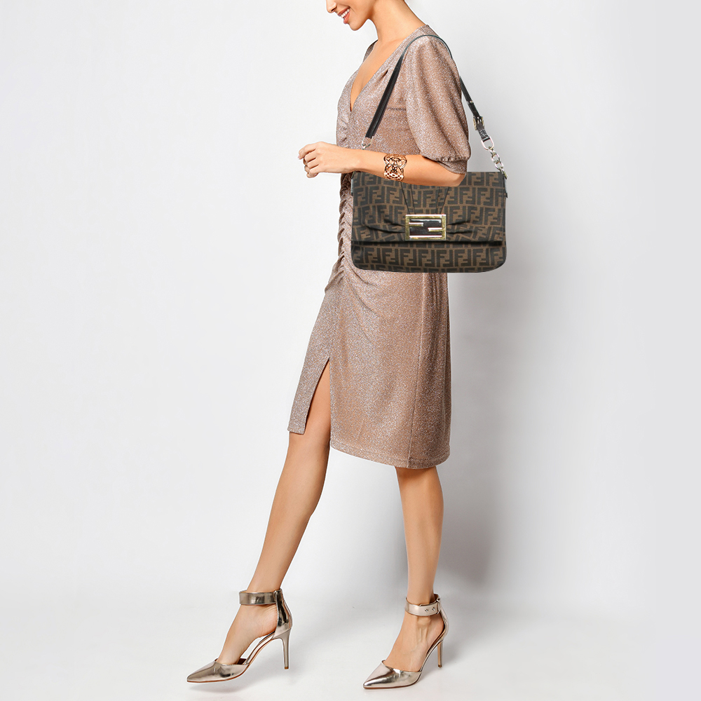 Fendi Tobacco Zucca Canvas And Patent Leather Mia Flap Shoulder Bag