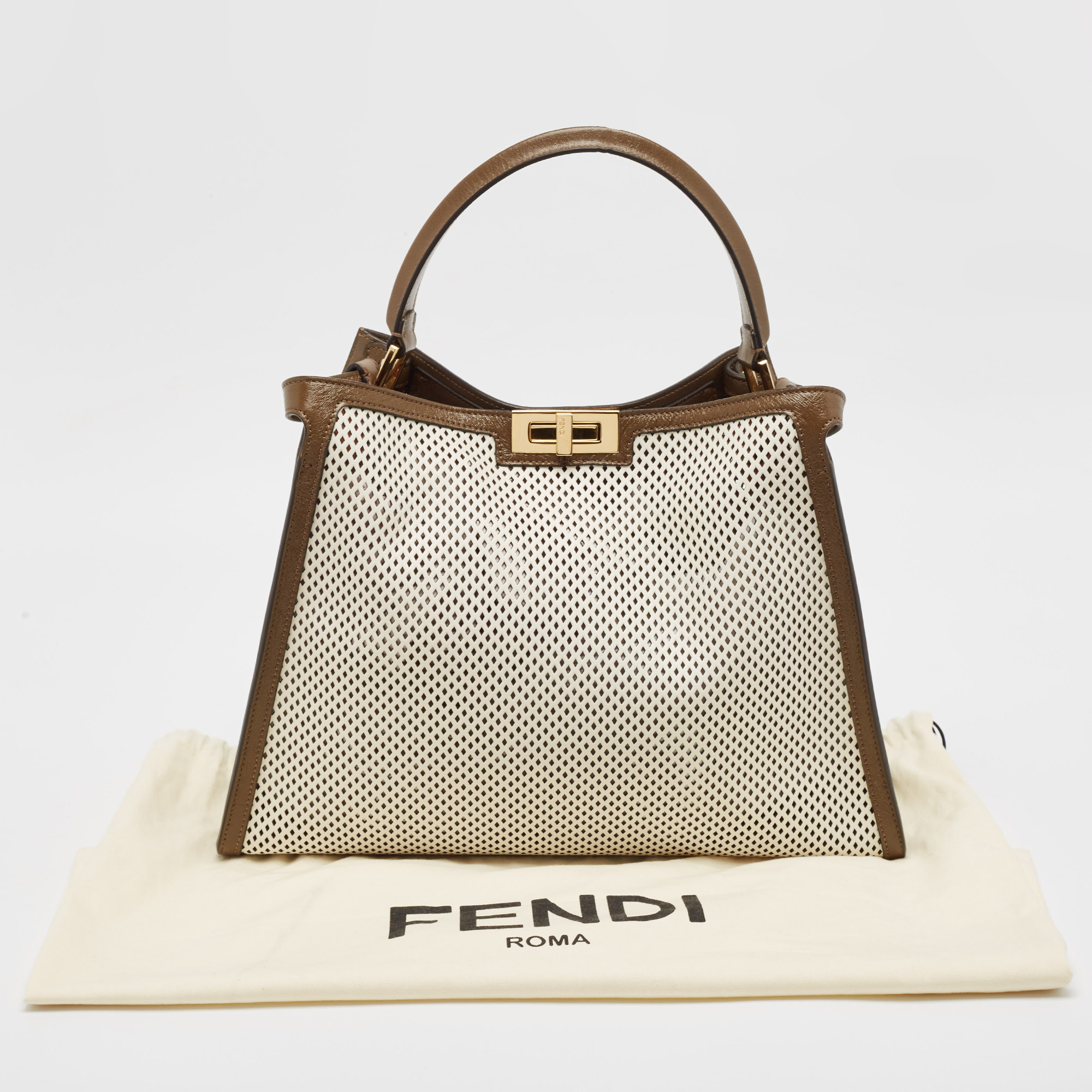 Fendi Khaki/White Perforated Leather Large X Lite Peekaboo Top Handle Bag