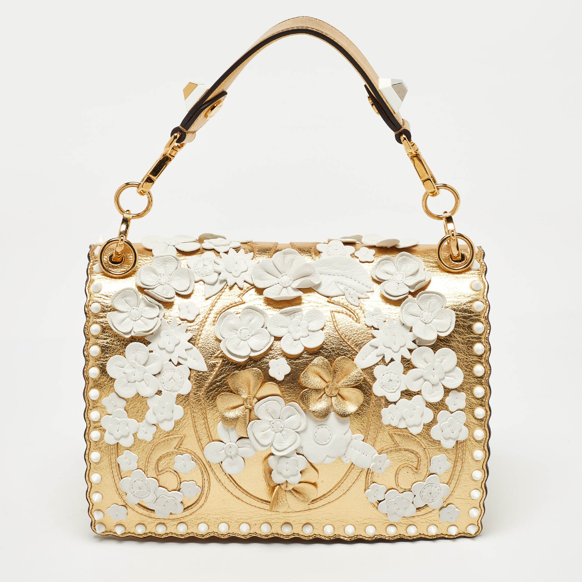 Fendi Gold Leather Floral Studded Wonder Monster Kan I Shoulder Bag