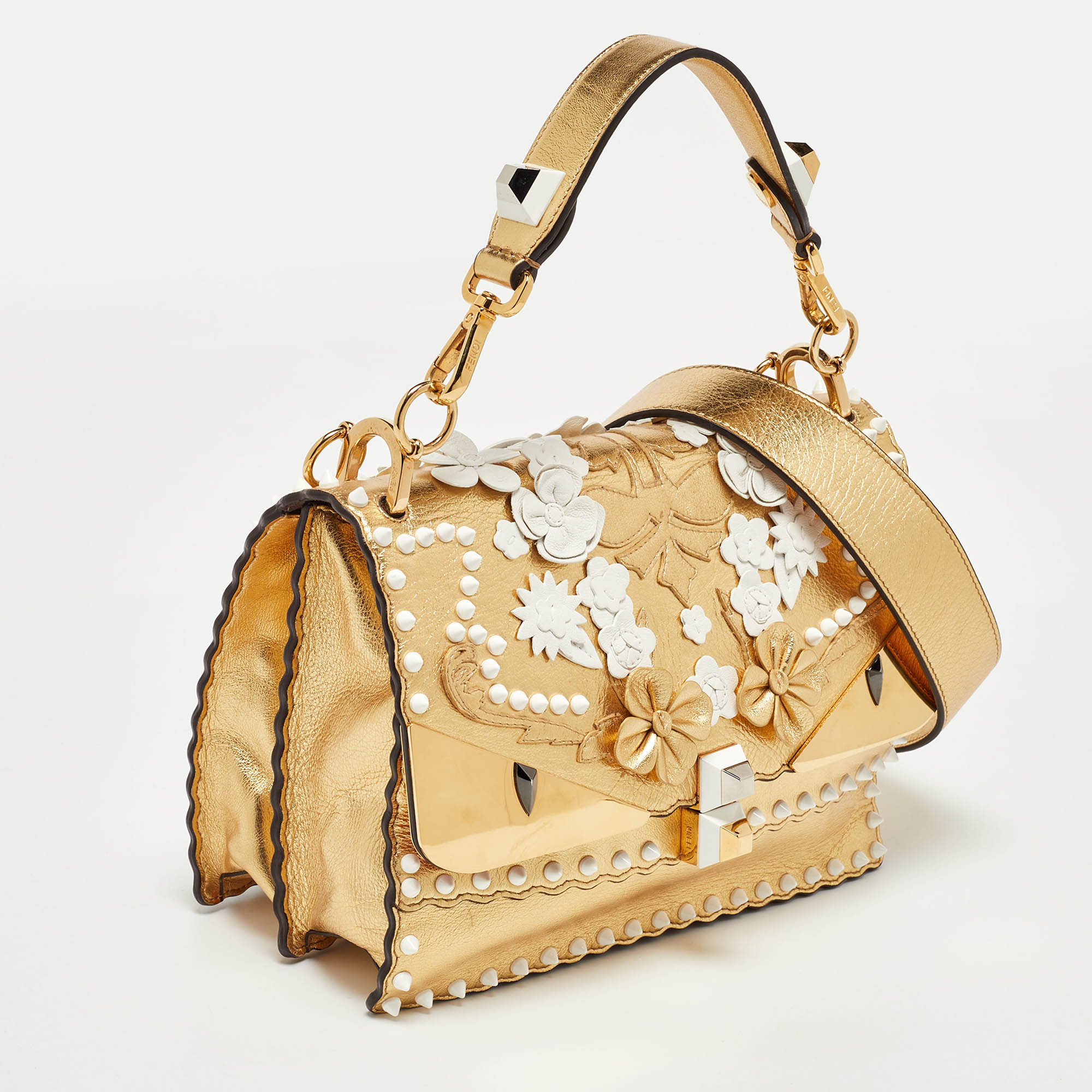 Fendi Gold Leather Floral Studded Wonder Monster Kan I Shoulder Bag