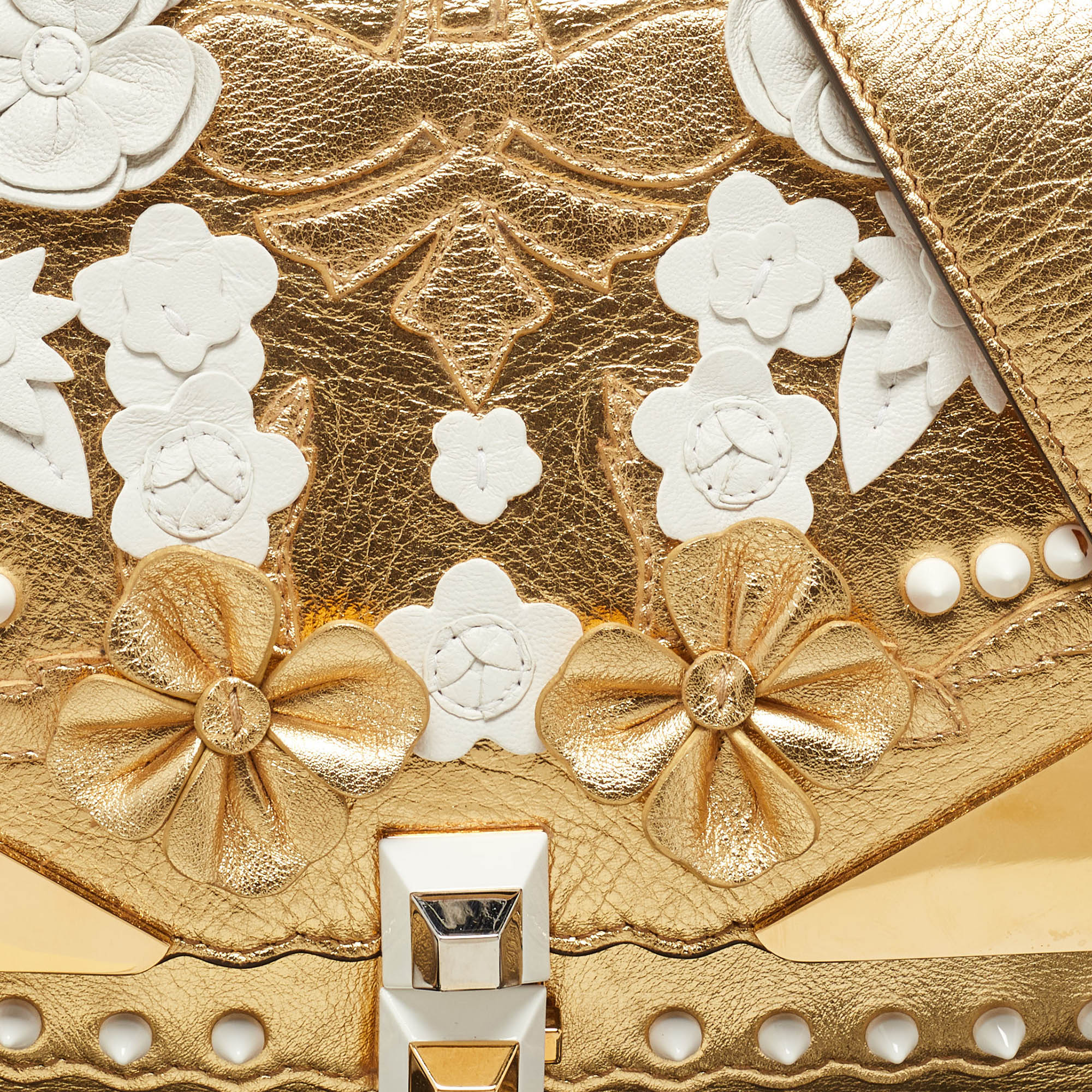 Fendi Gold Leather Floral Studded Wonder Monster Kan I Shoulder Bag