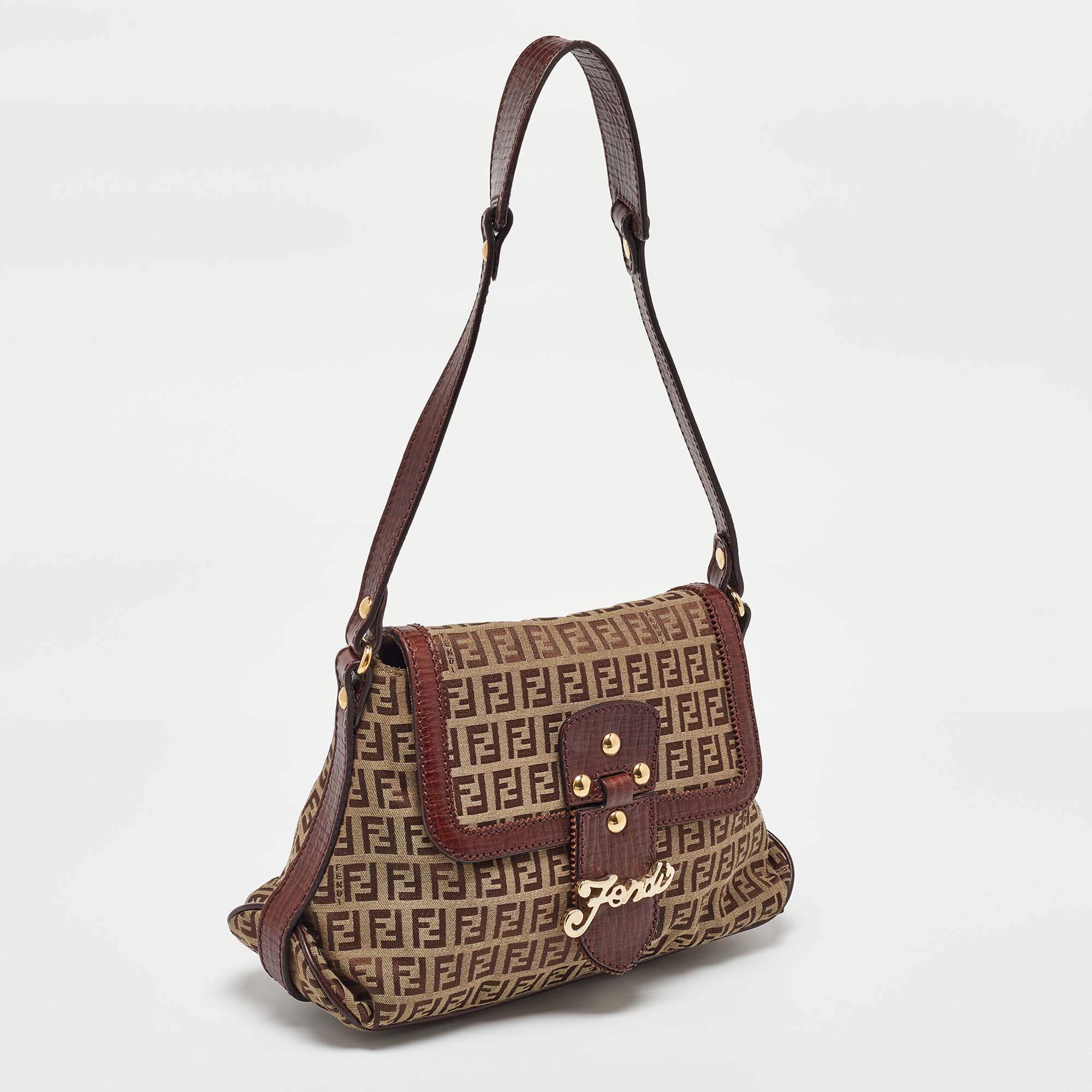 Fendi Brown/Beige Zucchino Canvas And Leather Flap Shoulder Bag