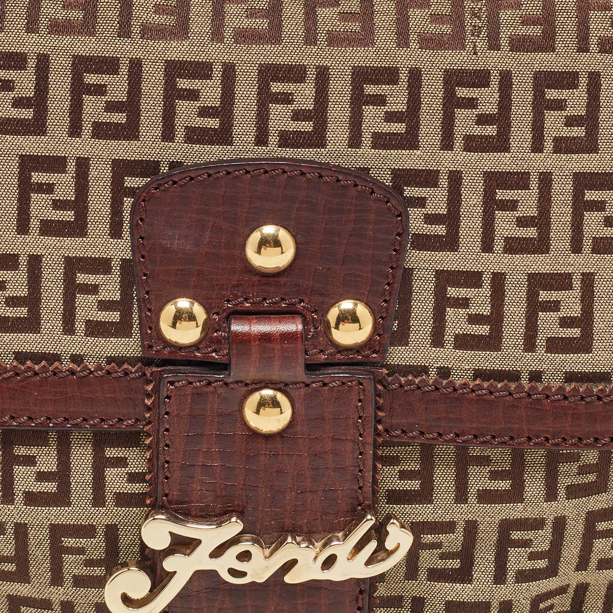 Fendi Brown/Beige Zucchino Canvas And Leather Flap Shoulder Bag