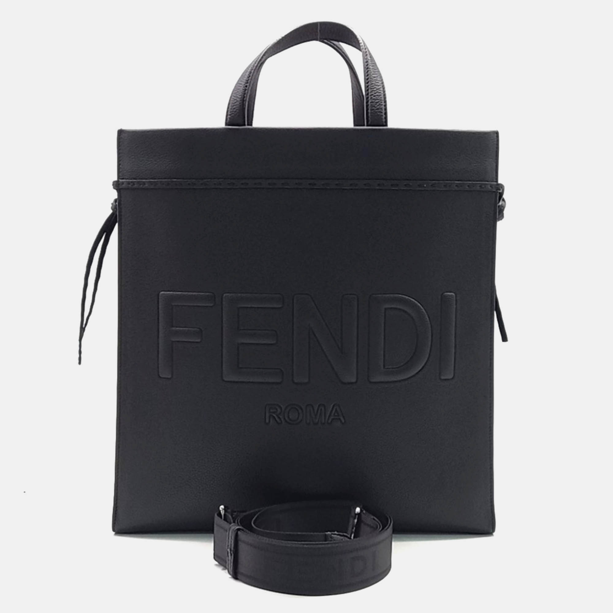 Fendi Black Leather Fendi Logo Tote Bag