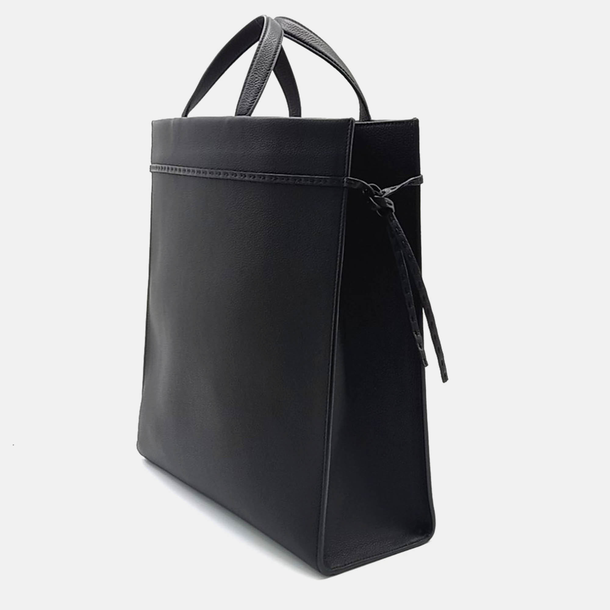 Fendi Black Leather Fendi Logo Tote Bag