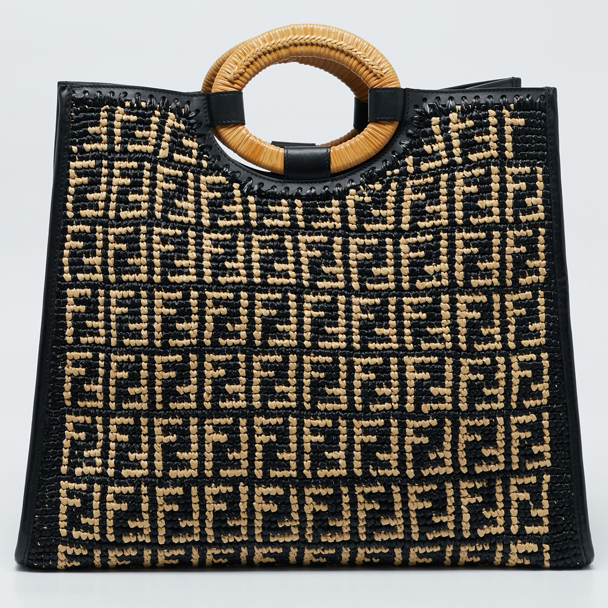 Fendi Black/Natural FF Raffia And Leather Large Runaway Shopper Tote