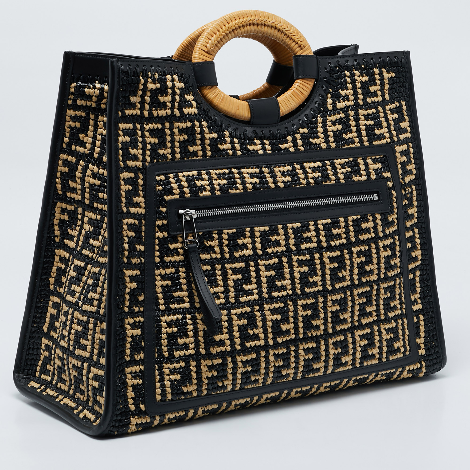 Fendi Black/Natural FF Raffia And Leather Large Runaway Shopper Tote