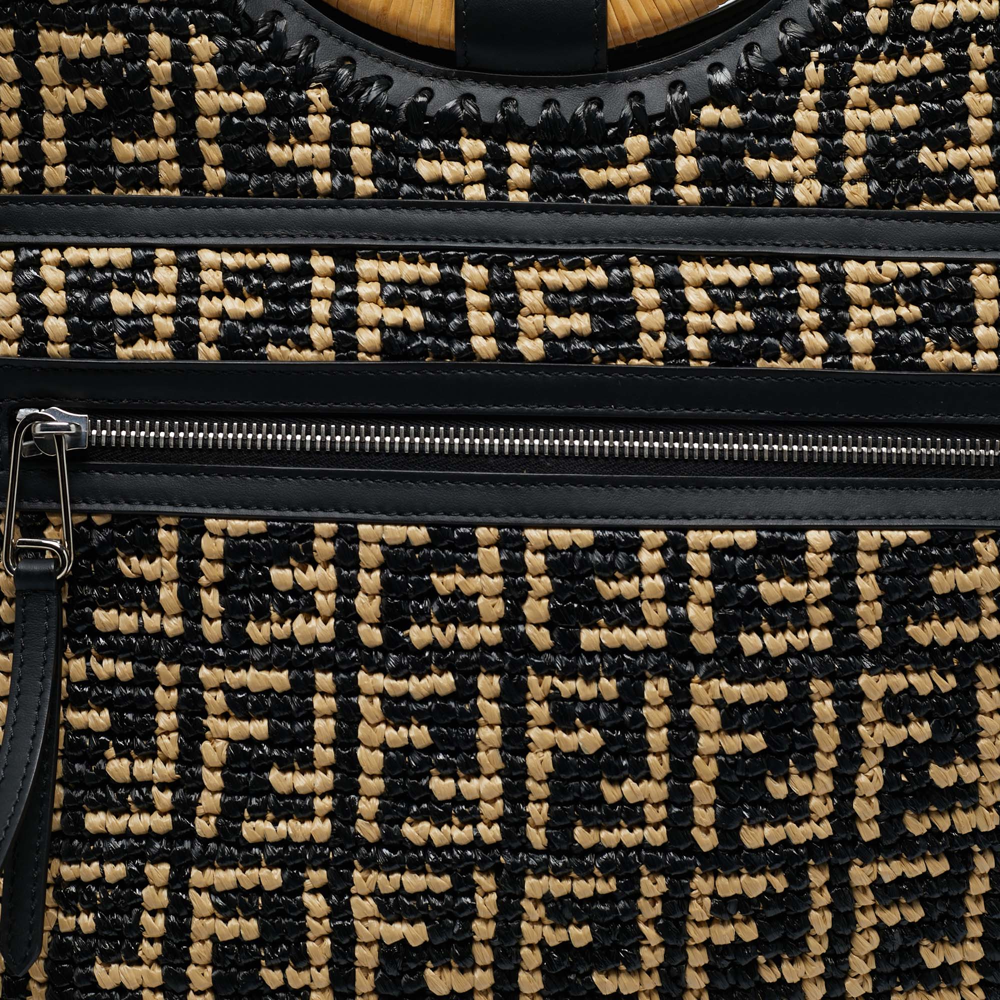 Fendi Black/Natural FF Raffia And Leather Large Runaway Shopper Tote