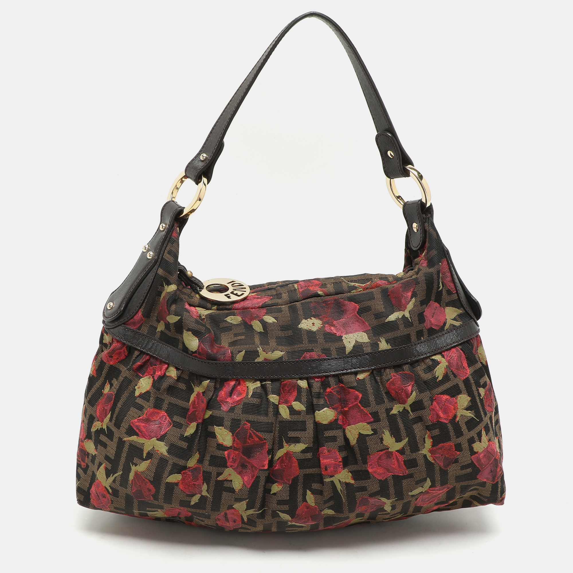 Fendi Brown Zucca Floral Print Canvas and Leather Chef Shoulder Bag