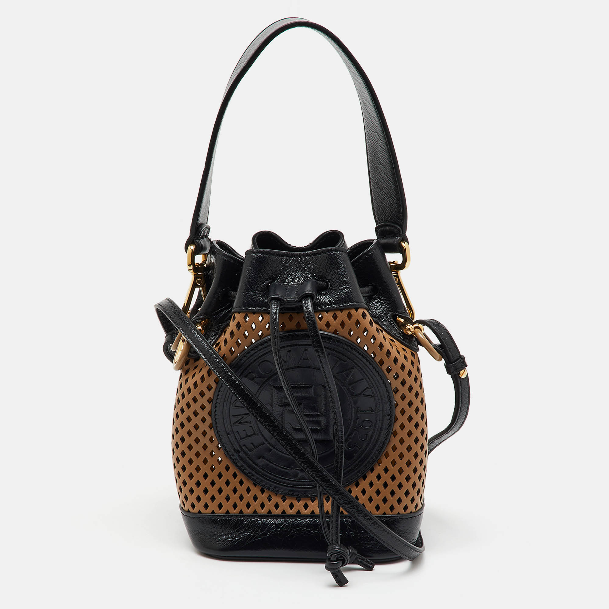 Fendi Black/Tan Perforated Leather Mini Mon Tresor Bucket Bag
Fendi Black/Tan Perforated Leather Mini Mon Tresor Bucket Bag