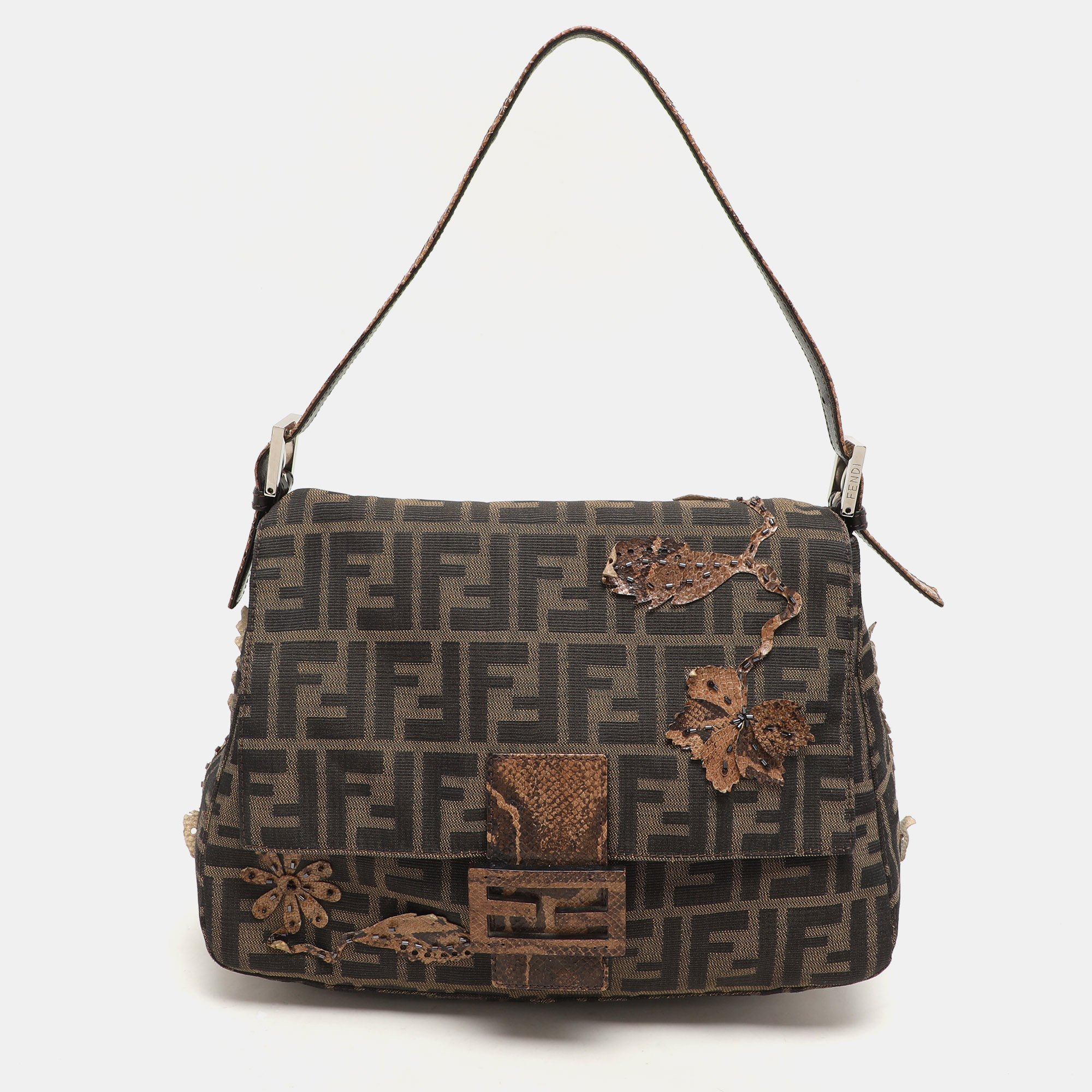 Fendi Brown Zucca Canvas and Python Embellished Mama Forever Shoulder Bag
Fendi Brown Zucca Canvas and Python Embellished Mama Forever Shoulder Bag