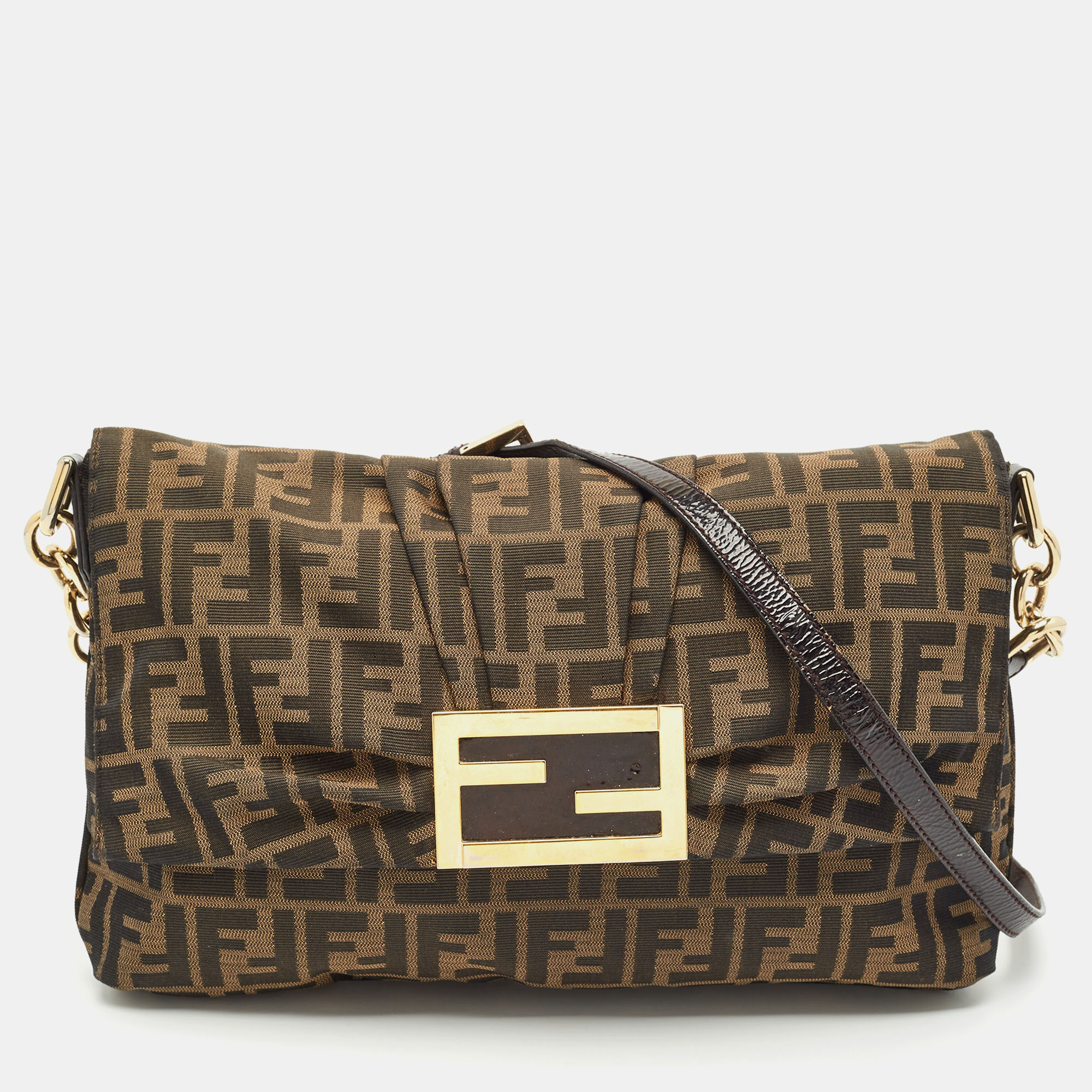 Fendi Tobacco Zucca Canvas and Patent Leather Mia Flap Shoulder Bag, Brown
Fendi Tobacco Zucca Canvas and Patent Leather Mia Flap Shoulder Bag, Brown