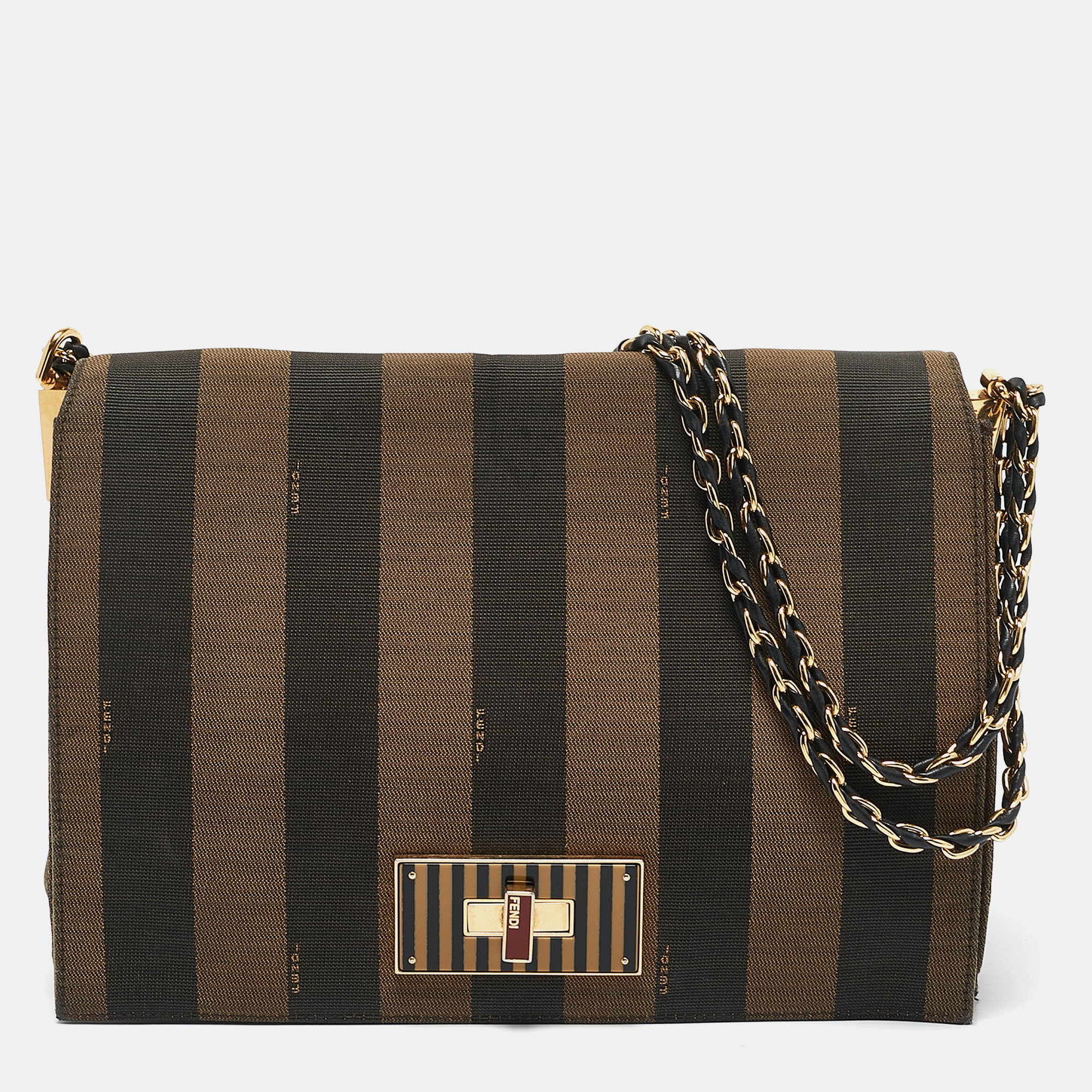 Fendi Tobacco Pequin Stripe Canvas Large Claudia Shoulder Bag, Brown
Fendi Tobacco Pequin Stripe Canvas Large Claudia Shoulder Bag, Brown