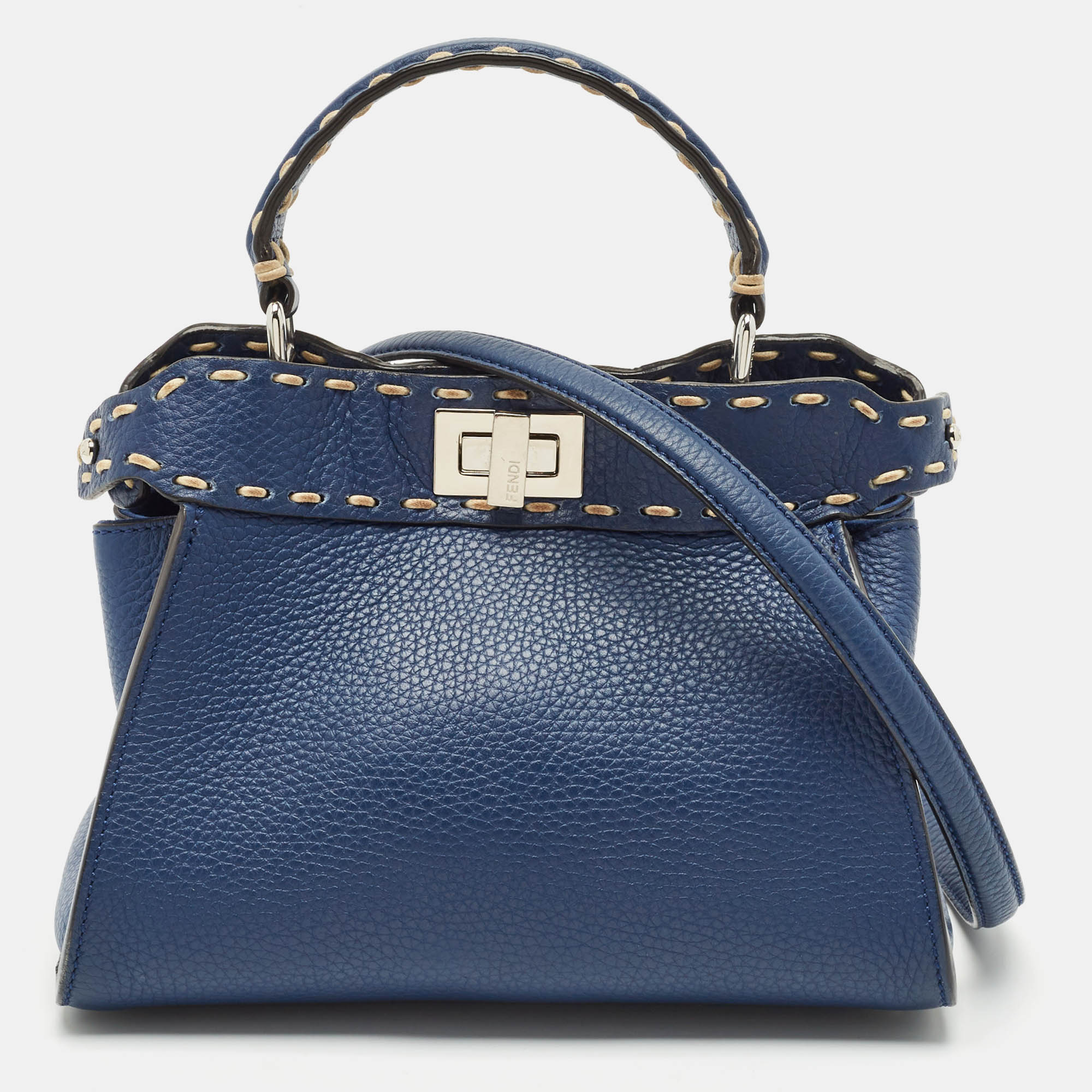 Fendi Navy Blue Selleria Leather Mini Peekaboo Top Handle Bag
Fendi Navy Blue Selleria Leather Mini Peekaboo Top Handle Bag