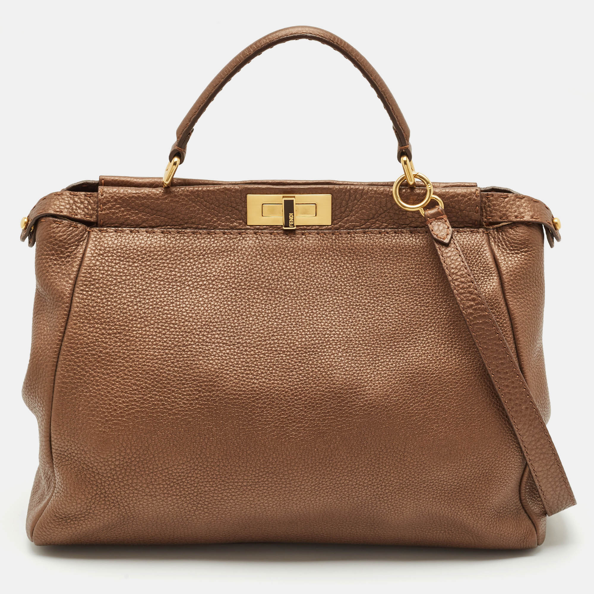 Fendi Bronze Selleria Leather Peekaboo Top Handle Bag, Metallic
Fendi Bronze Selleria Leather Peekaboo Top Handle Bag, Metallic