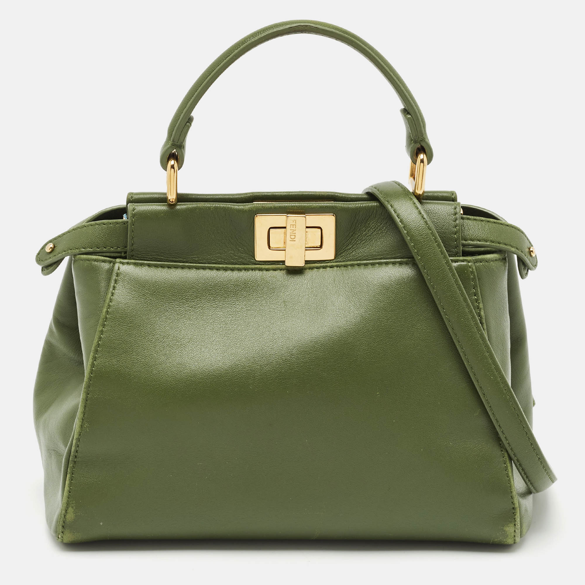 Fendi Olive Green Leather Mini Peekaboo Top Handle Bag