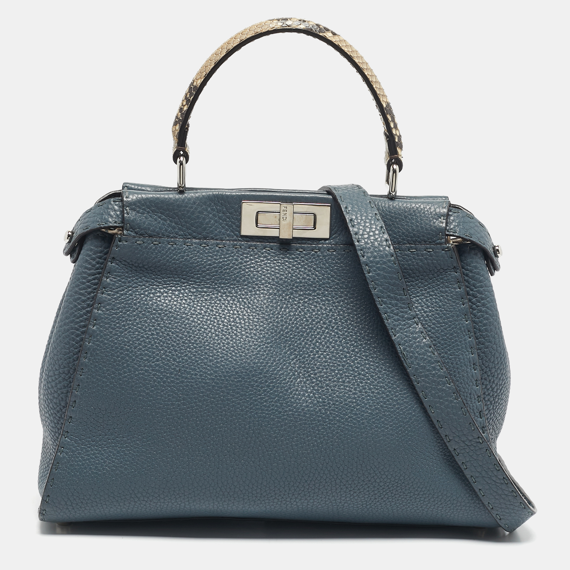 Fendi Blue/Beige Leather and Python Medium Peekaboo Top Handle Bag - Fendi - Modalova