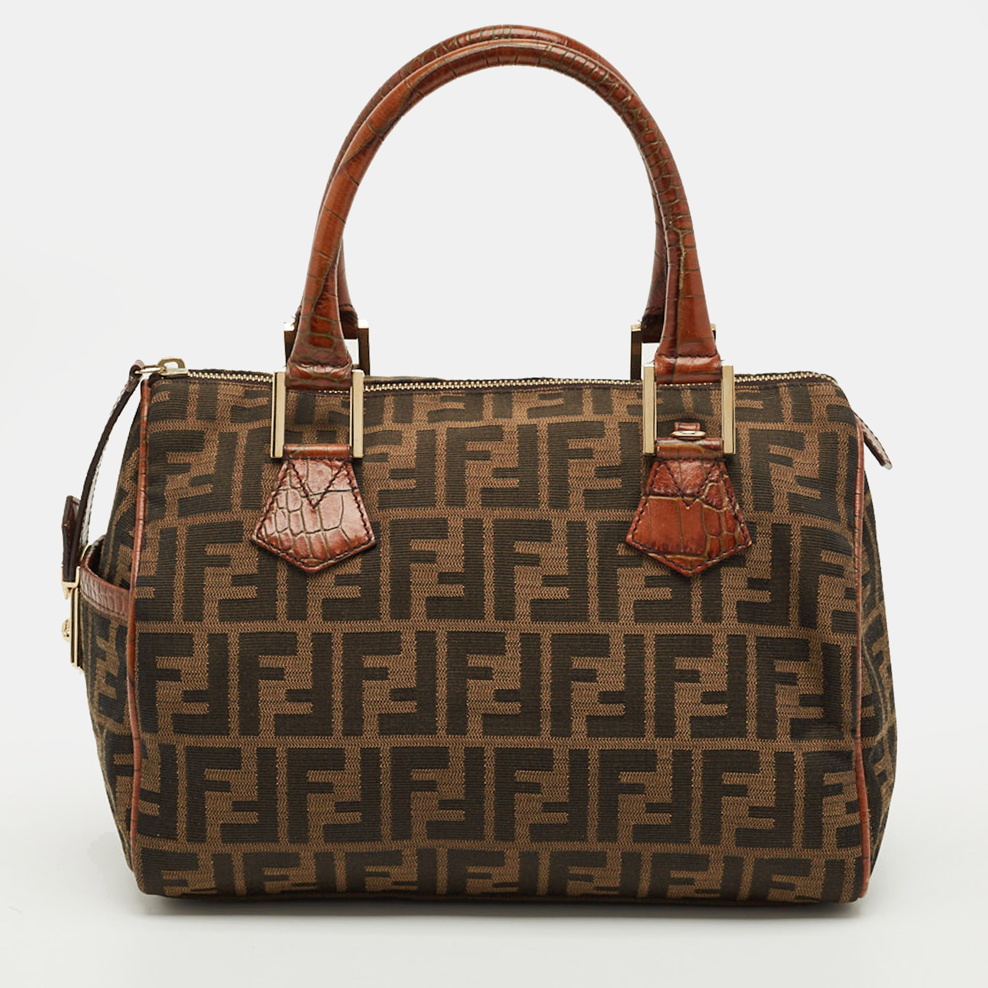 Fendi Tobacco Zucca Canvas and Croc Embossed Leather Forever Bauletto Boston Bag, Brown
Fendi Tobacco Zucca Canvas and Croc Embossed Leather Forever Bauletto Boston Bag, Brown