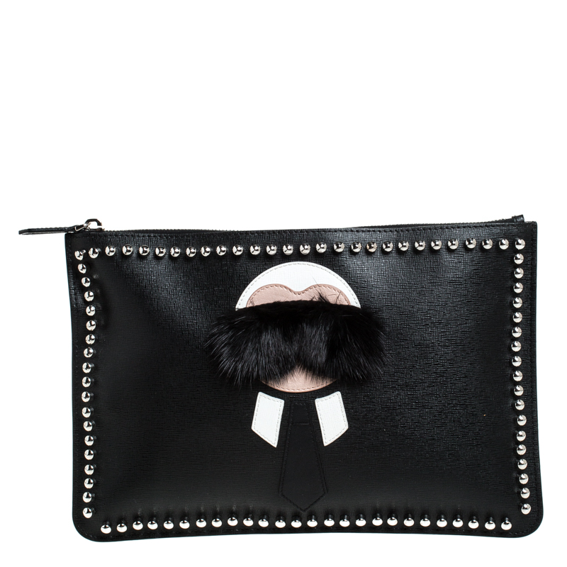 Fendi Black Saffiano Leather Karlito Clutch