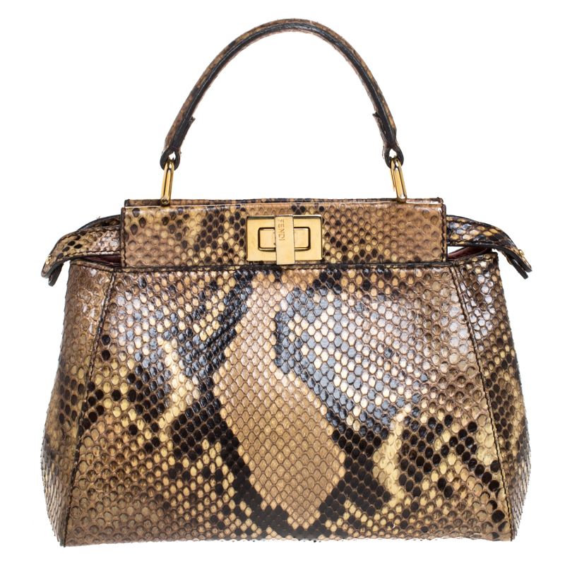 Image of Fendi Beige/Black Python Mini Peekaboo Top Handle Bag