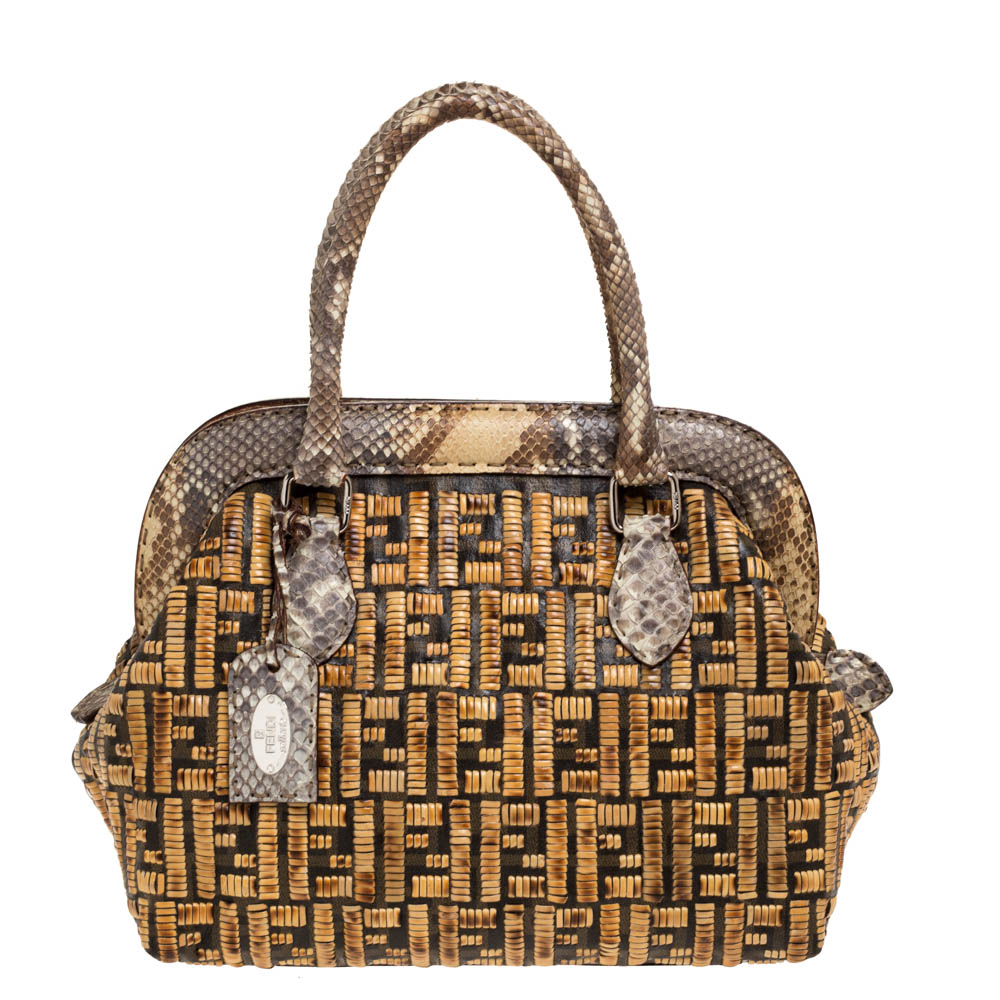 Image of Fendi Beige/Brown Zucca Coated Canvas, Rattan and Python Adele Satchel