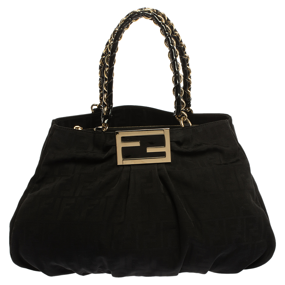 Image of Fendi Black Canvas and Patent Leather Large Mia Shoulder Bag
