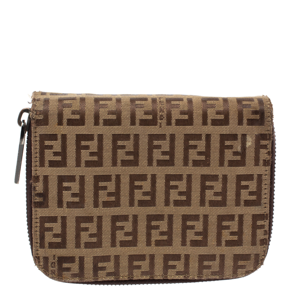 Image of Fendi Beige/Brown Zucchino Canvas and Leather Compact Wallet