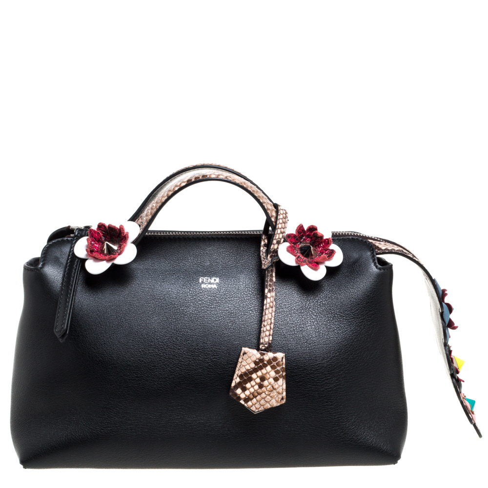 Image of Fendi Black Leather and Python Small By The Way Shoulder Bag