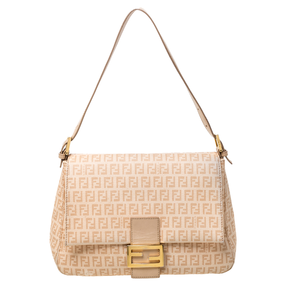 Image of Fendi Beige Zucchino Coated Canvas and Leather Mama Forever Shoulder Bag