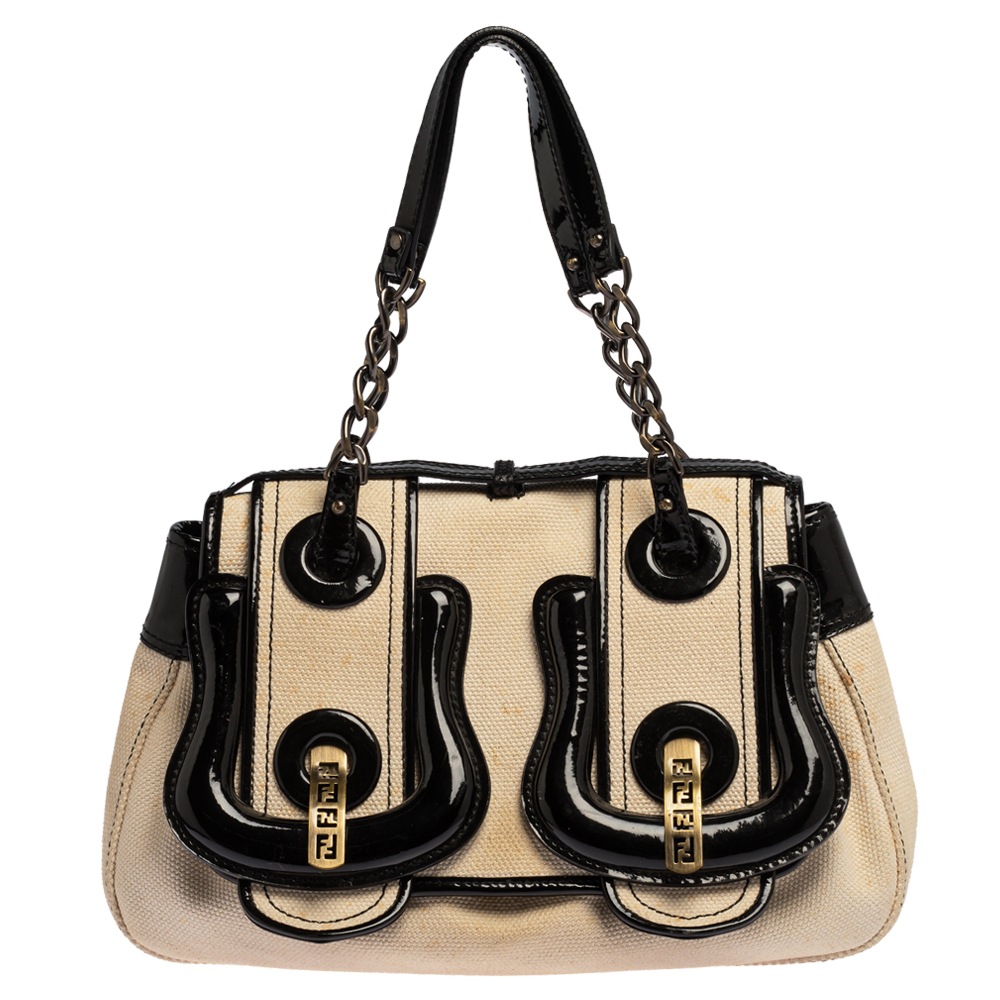 Image of Fendi Black/Ivory Canvas and Patent Leather B Shoulder Bag