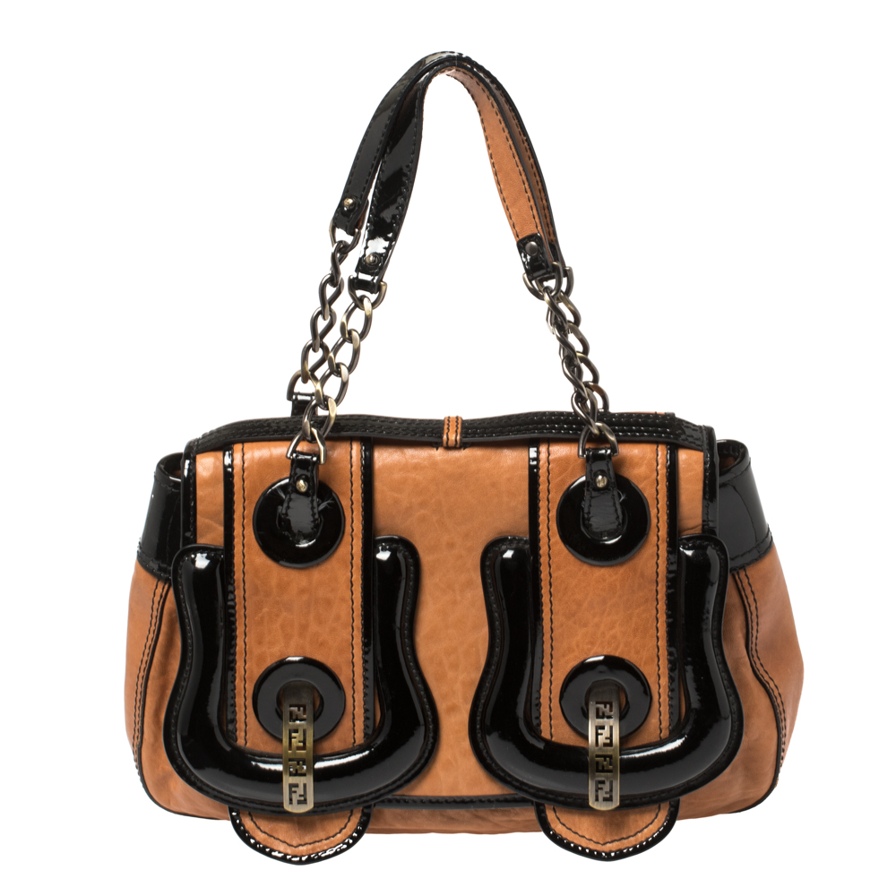 Image of Fendi Black/Brown Patent Leather and Leather B Shoulder Bag