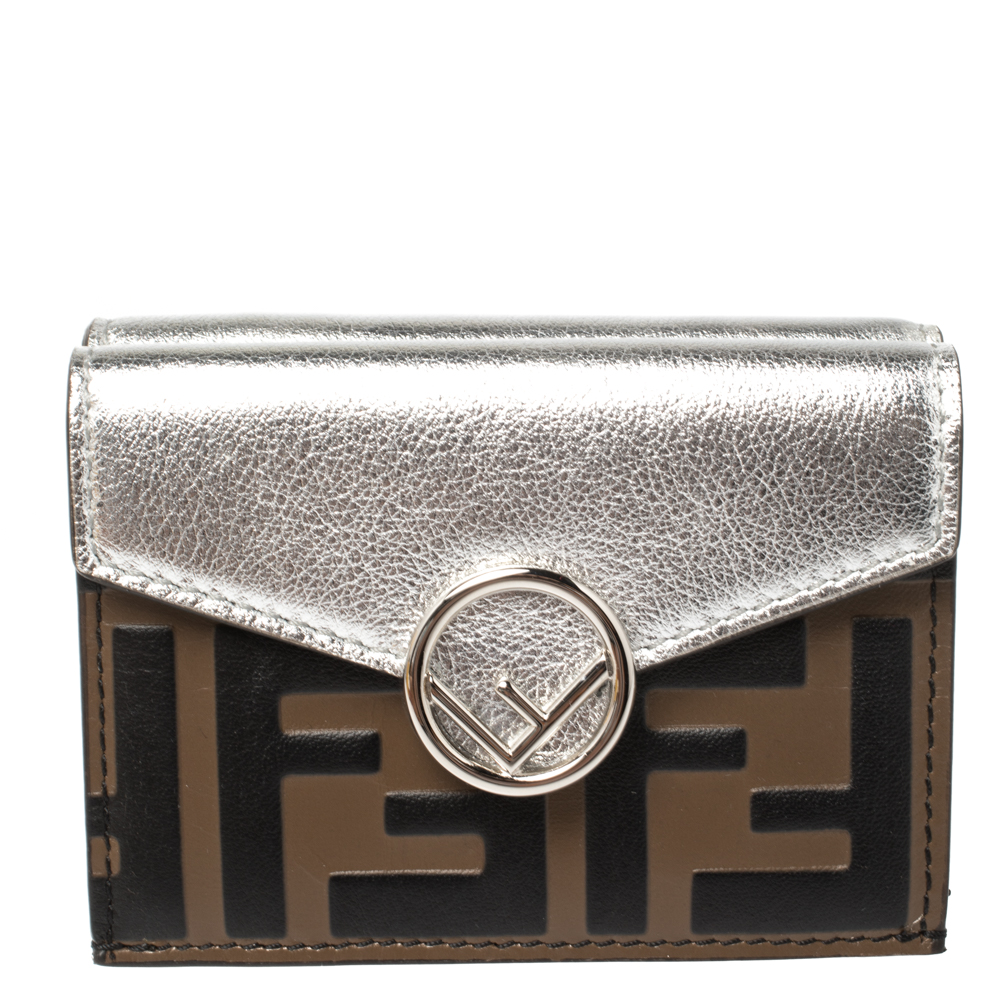 Image of Fendi Silver/Tobacco Zucca Leather Micro F Trifold Wallet