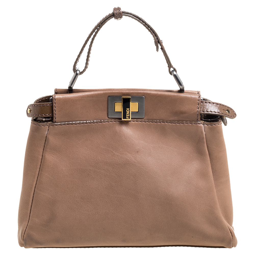 Image of Fendi Biege Leather Mini Peekaboo Top Handle Bag