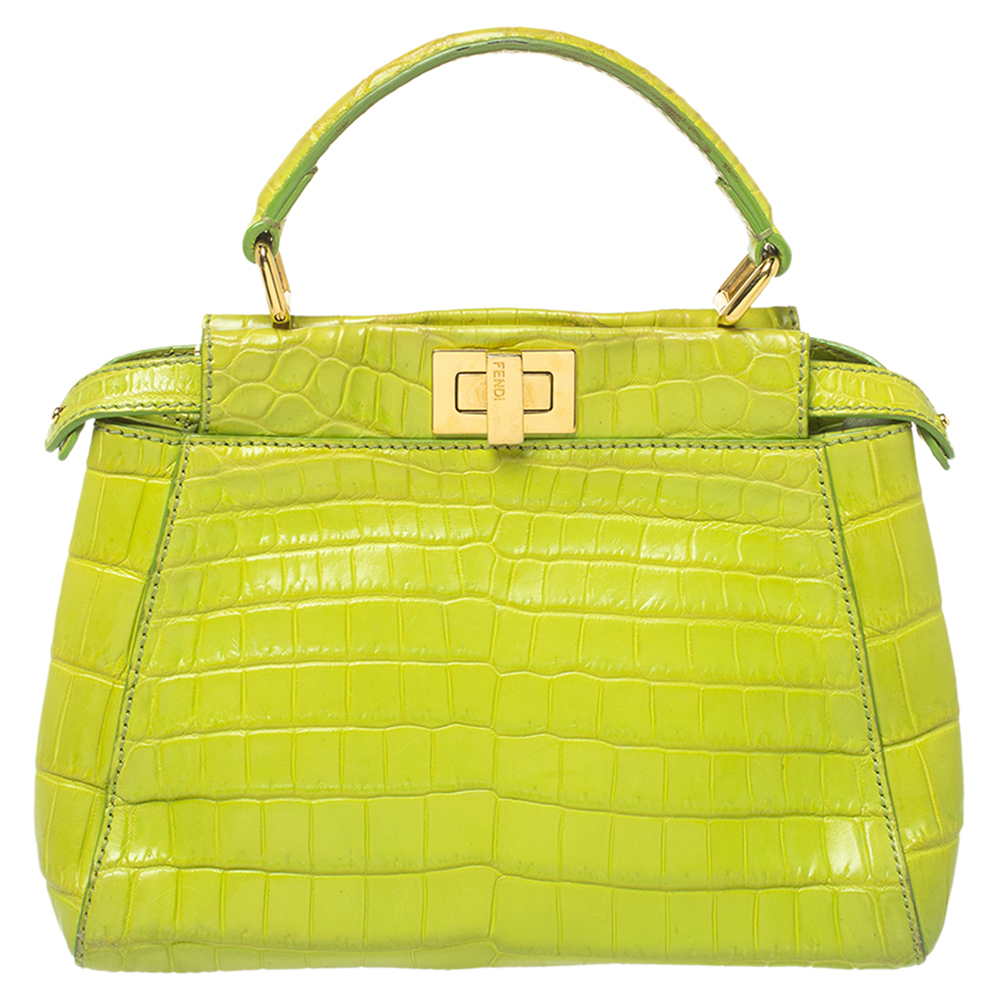 Image of Fendi Apple Green Crocodile Mini Peekaboo Top Handle Bag