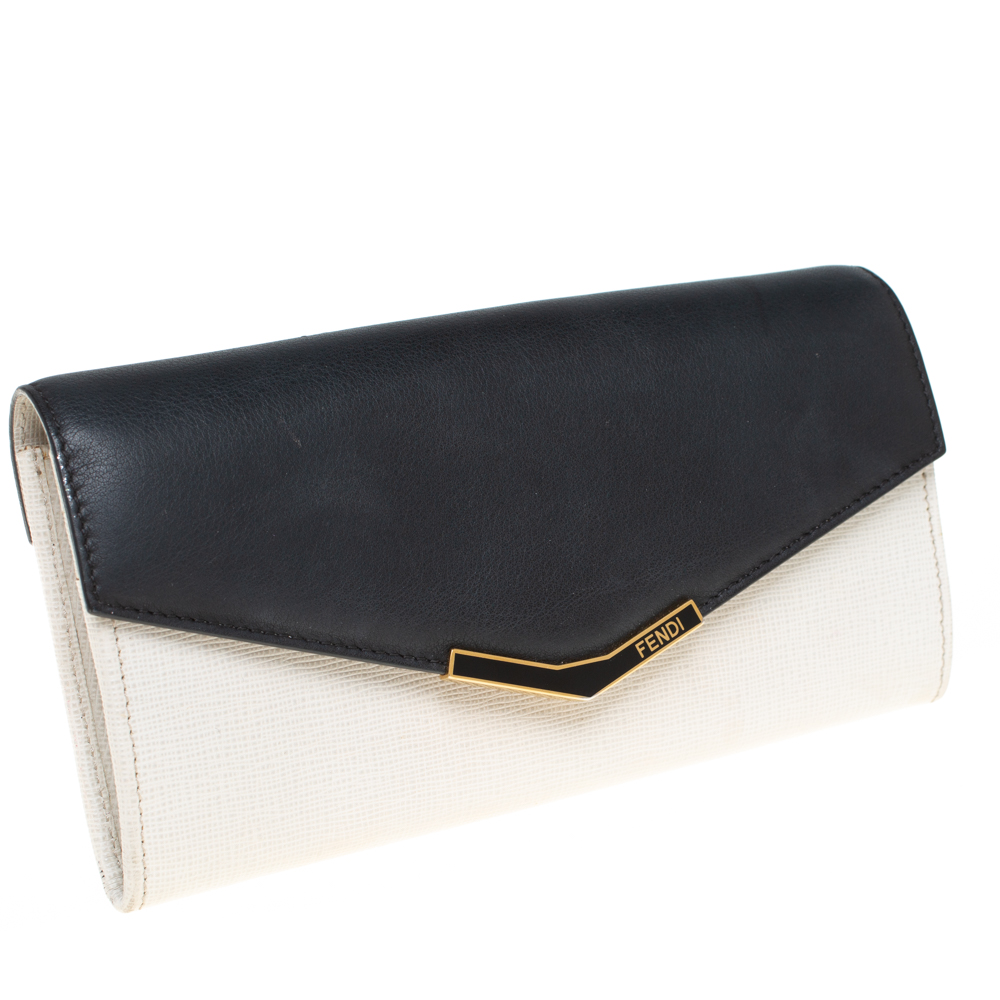 Fendi Off White/Black Leather Envelope Continental Wallet