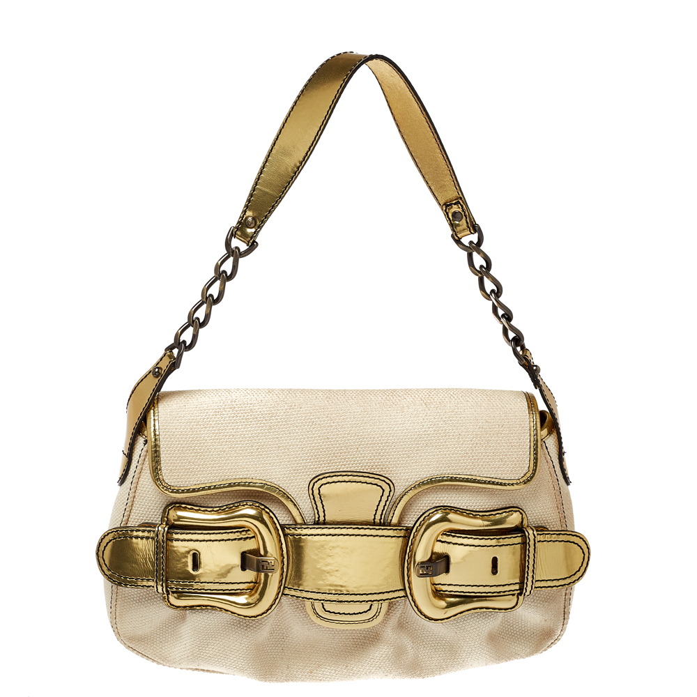 Fendi Cream/Gold Canvas and Mirrored Leather B Bis Shoulder Bag