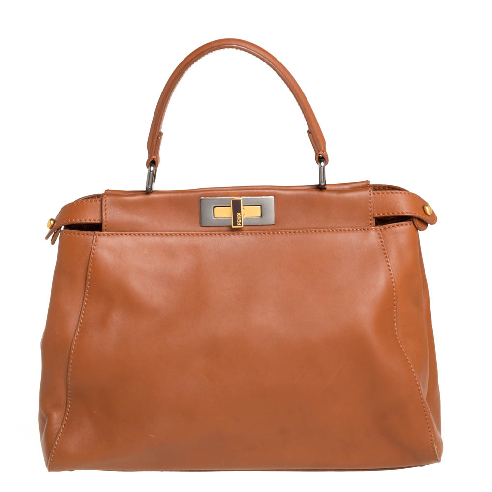Fendi Brown Leather Peekaboo Top Handle Bag