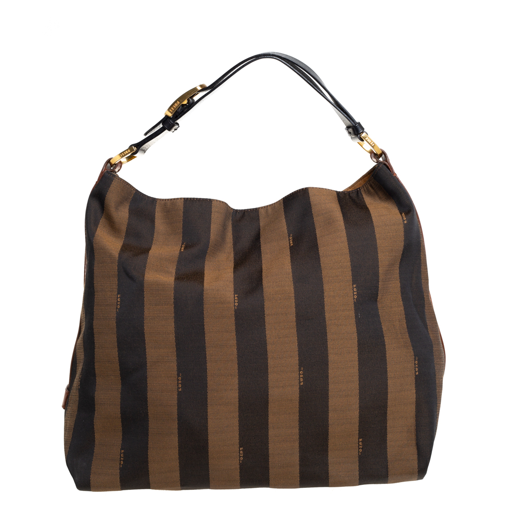 Fendi Tobacco/Tan Canvas and Leather Large Pequin Striped Hobo