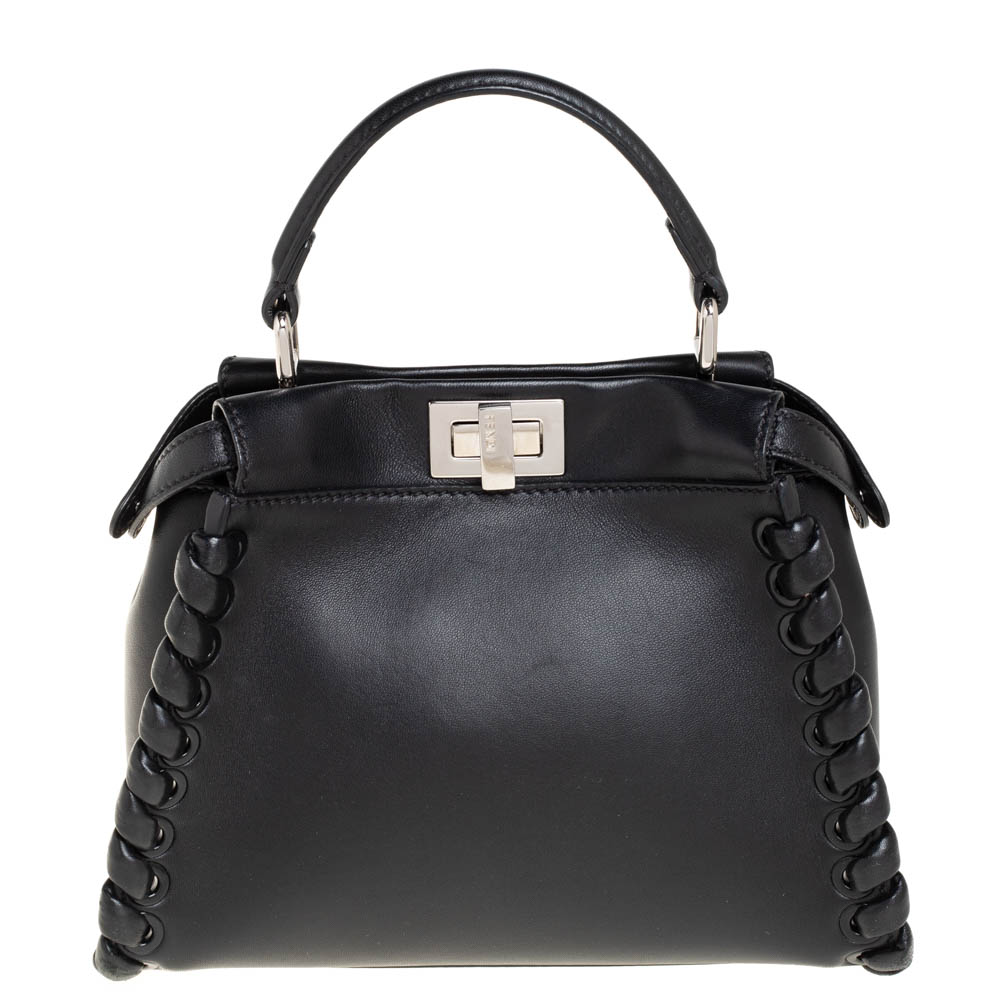 Fendi Black Leather Mini Whipstitched Peekaboo Top Handle Bag