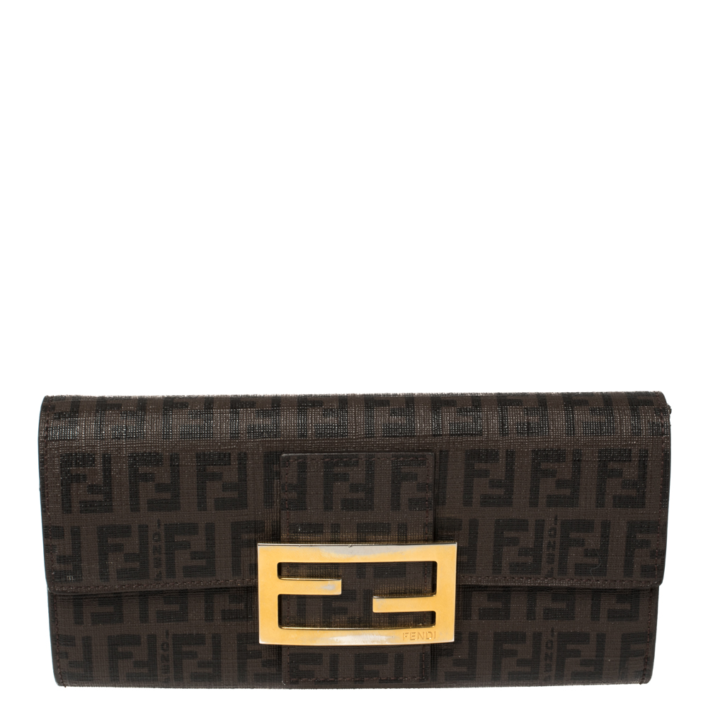 Fendi Tobacco Zucchino Coated Canvas Flap Continental Wallet