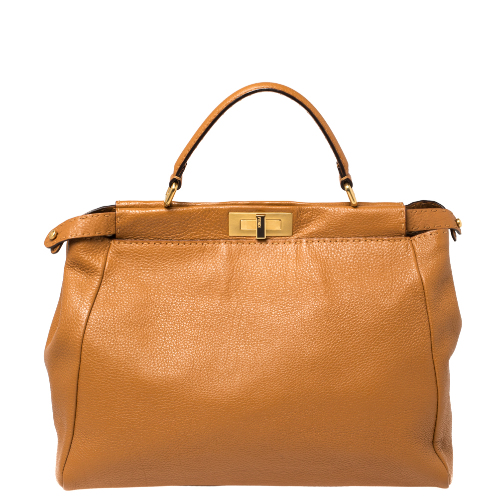 Fendi Tan Selleria Leather Large Peekaboo Top Handle Bag