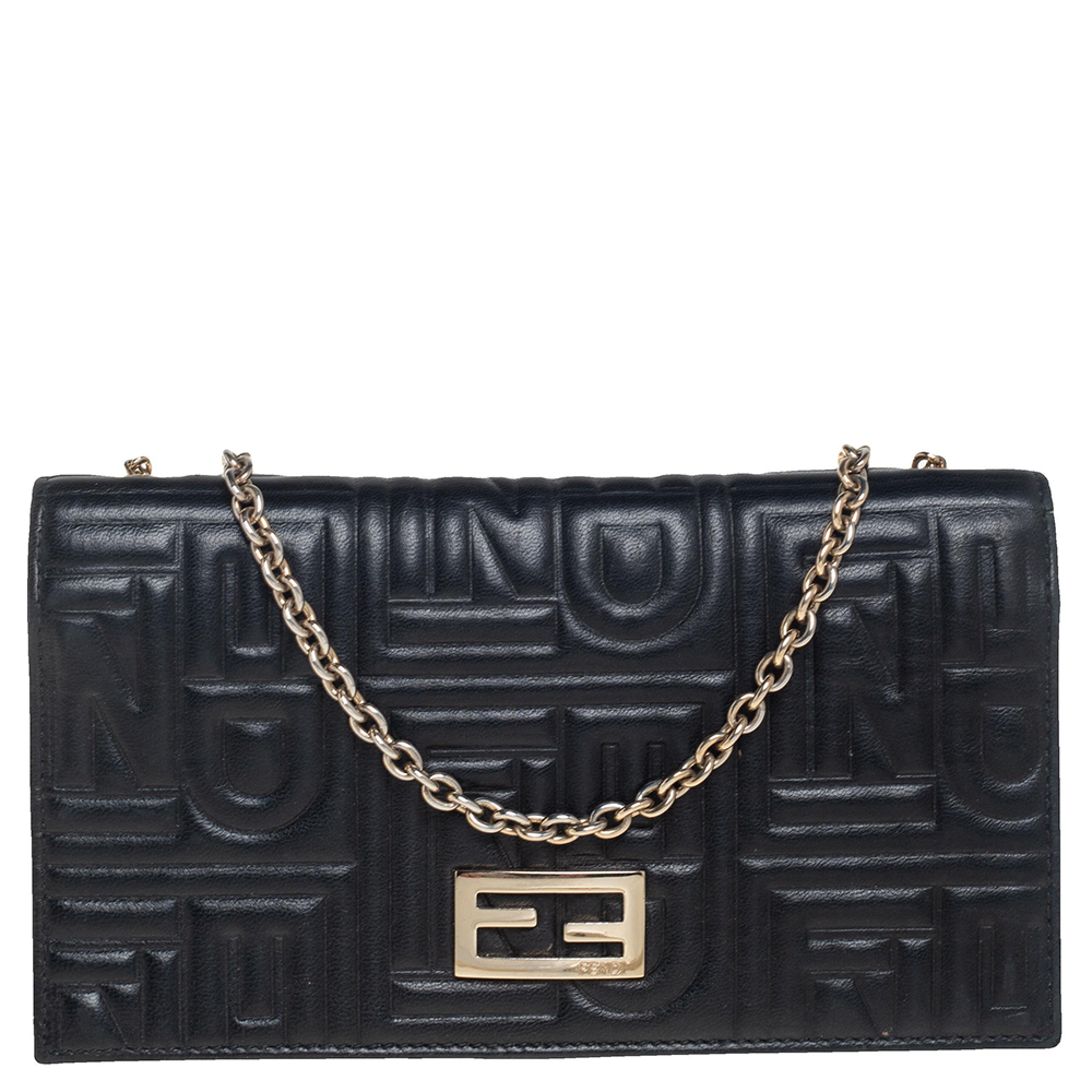 Fendi Black Embossed Logo Leather Wallet on Chain