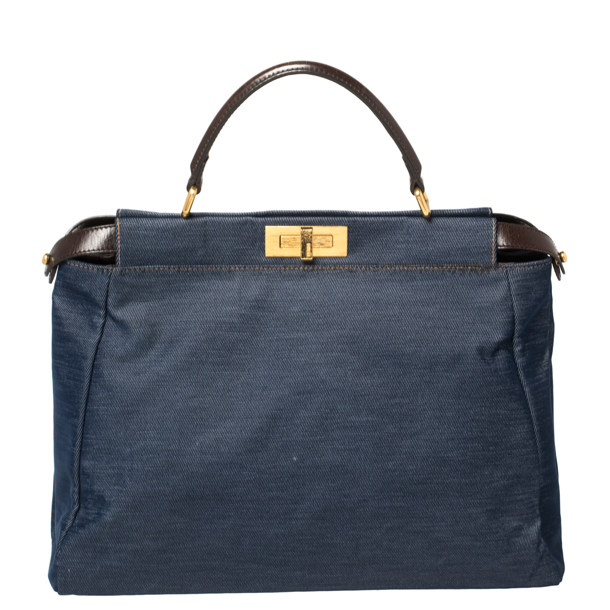 Fendi Blue/Dark Brown Denim and Leather Large Peekaboo Top Handle Bag