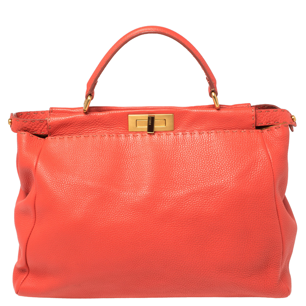 Fendi Coral Orange Selleria Leather Large Peekaboo Top Handle Bag