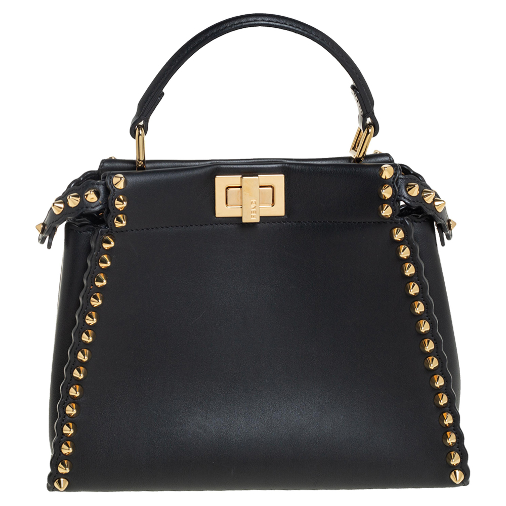 Fendi Black Leather Mini Studded Peekaboo Top Handle Bag