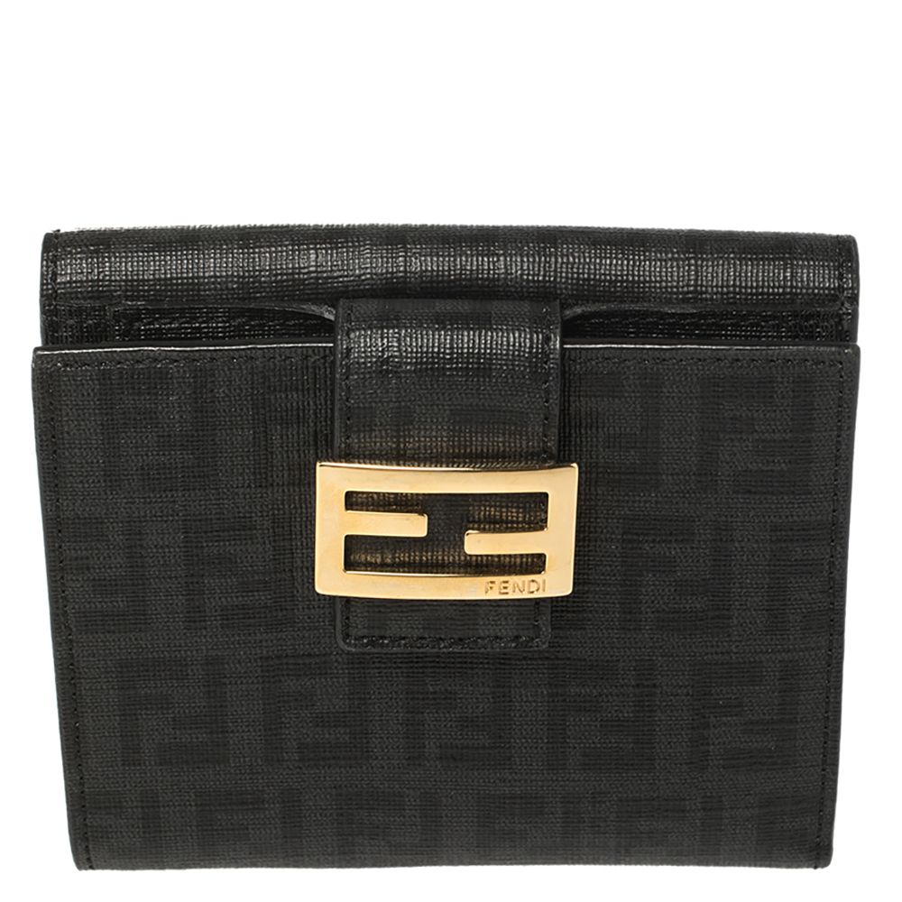 Fendi Black Zucchino Coated Canvas Compact Wallet
